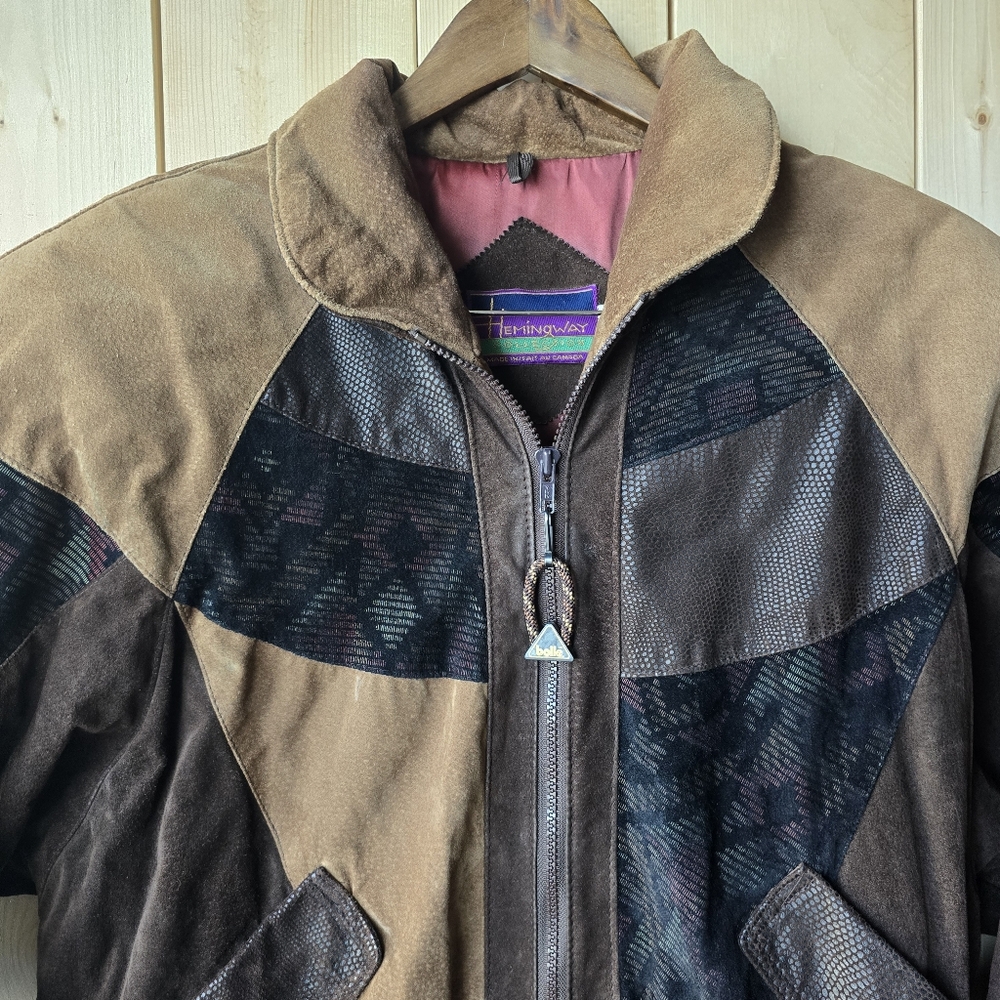 Vintage Hemingway Collection Suede Patchwork Bomber Jacket Womens Size 10 - Picture 2 of 13